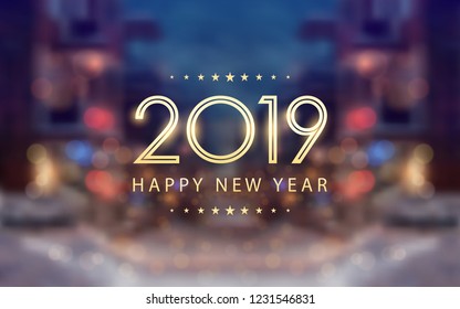 Golden happy new year 2019 with bokeh and lens flare pattern in snowy street at evening background