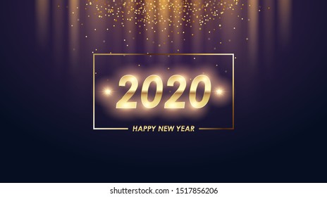 golden Happy new year 2020 with abstract falling glitter and gold light in black color background 