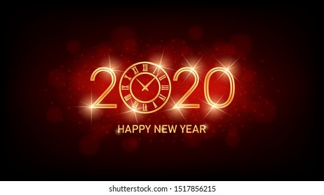 Golden Happy New Year 2020 with clock and abstract lens flare pattern in vintage red color background