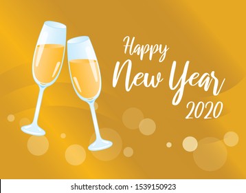 Golden Happy New Year 2020 with champagne vector. Glasses of champagne vector. New Year toast vector. Festive golden background. Shiny golden background