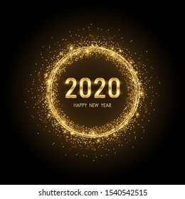 Golden happy new year 2020 in circle ring fireworks with burst glitter on black color background