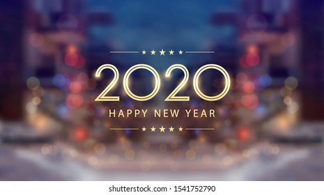 Golden happy new year 2020 with bokeh and lens flare pattern in snowy street at evening background