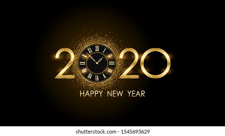 golden Happy new year 2020 and clock with burst glitter on black color background