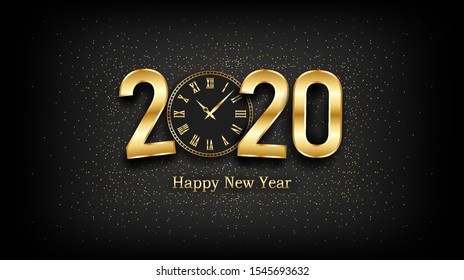 golden Happy new year 2020 and clock with burst glitter on black color background