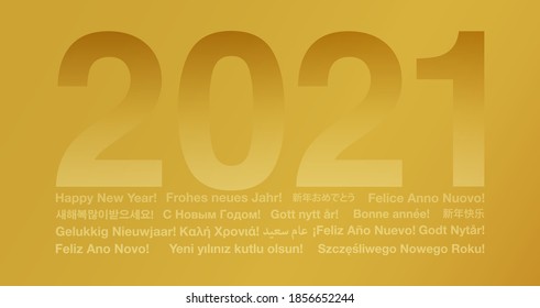golden happy new year 2021 card in many different languages, greeting card with word cloud vector illustration