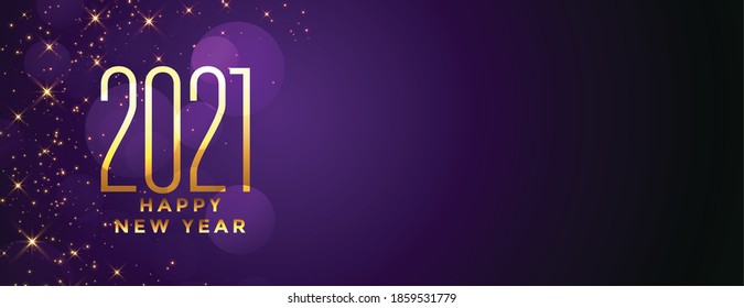 Golden happy new year 2021 on purple bokeh background