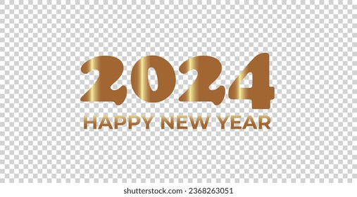 Golden Happy New Year 2024 greeting poster isolated on transparent background. Golden holiday decoration