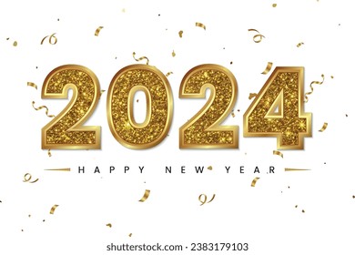 Golden Happy new year 2024 lettering with gold confetti background