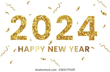 Golden Happy new year 2024 lettering typography with gold confetti background