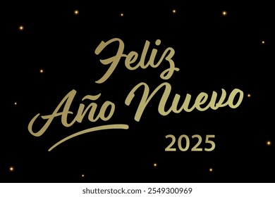 Texto de oro feliz año Nuevo 2025 en español sobre un fondo negro con acentos brillantes.