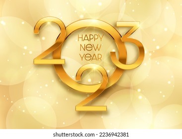 Golden Happy New Year background with bokeh lights design