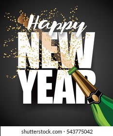 Golden Happy New Year design with splashing champagne and popping cork. EPS 10 vector.