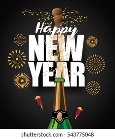 Golden Happy New Year design with splashing champagne, popping cork and fireworks. EPS 10 vector.