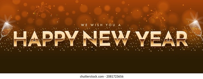 Golden Happy New Year Font With Realistic Champagne Glasses On Brown Bokeh Light Effect Background.