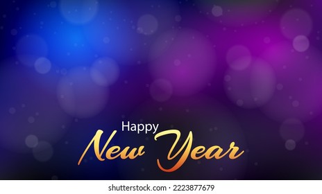 Golden happy new year handwritten calligraphy. Greeting card, festive holiday banner on blurred background. Vector illustration