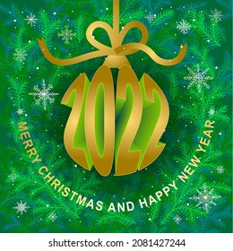 Golden Happy New Year illustration with typography lettering and christmas tree on green background. Holiday design for flyer, greeting card, banner, celebration poster, party invitation or calendar.