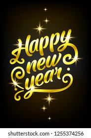 Golden Happy New Year sign 2019 Holiday Vector Illustration. Shiny Gold Lettering Composition With Sparkles. Greeting card, banner for instagram, new year card.