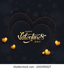 Golden Happy Valentine's Day Font With Glossy Heart Balloons On Lights Effect Black Background.