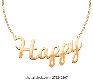 Golden HAPPY word pendant on chain necklace. Jewelry design.