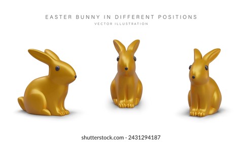Golden hare, bunny on white background. Metal figurine of animal, view from different sides