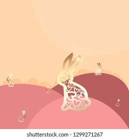 Golden hares on beige background. Template for postcard