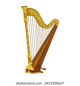 Golden harp classic music instrument isolated on white background. Flat style design. Classical antique musical string equipment. Flat vector illustration