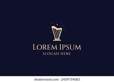 Golden harp musical instrument logo design in flat vector design style decorated with stars