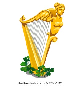 Golden harp overgrown with clover leaves isolated on white background. Cartoon vector illustration close-up.