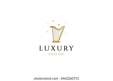 Golden Harp plucked musical instrument logo in luxury vector design style