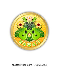 Golden Hawaii badge in Polynesian style with floral decoration and ukuleles on white background.