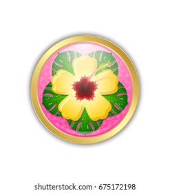 Golden Hawaiian badge in Polynesian style with yellow hibiscus that is national flower of Hawaii state and Monstera deliciosa leaves underneath of it.