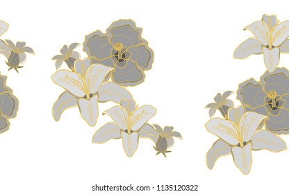 Golden hawaiian flowers. Big leaves and exotic flowers composition. Vector illustration. Botanical seamless wallpaper. Digital nature art. Cartoon style sketch. White background.
