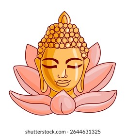 Golden head of Buddha with lotus flower on white background. Vector illustration.