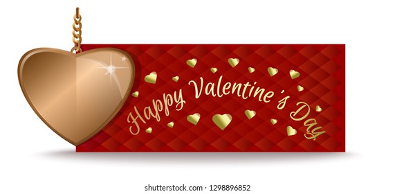 Golden heart against the backdrop of a greeting card. Happy Valentine's Day. Golden heart and greeting inscription on a red background. Vector illustration
