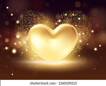 Golden heart background. St valentine's symbol on golden background. 3d realistic Illustration design concept of a gold valentine heart.