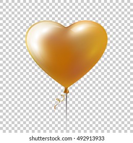 Golden Heart Balloon. Love design element. Gold realistic object. Romantic decoration. Vector eps 10.
