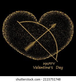 Golden heart, bow with an arrow made of small dust particles on a black background, valentine's day design