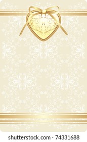 Golden heart with bow on the decorative retro background. Vector