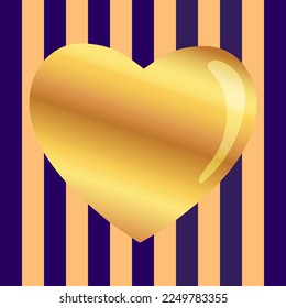 Golden heart in the center of a striped background. Abstract vector illustration.
