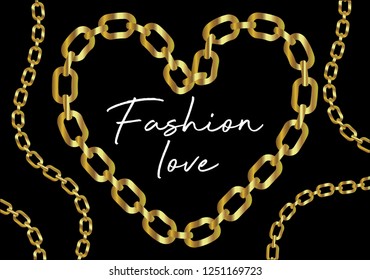golden heart chain. heart frame. Jewelry decoration. vector trendy chain. shiny fashion design.