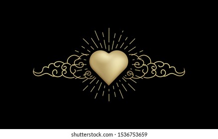 Golden Heart with cloud, Shiny Magic golden heart logo, spiritual guidance tarot reader design. decorative illustration tattoo eps 10