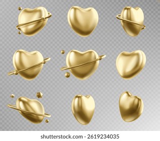Golden heart collection on transparent background. Shiny gold romantic symbols, glossy metal valentine shapes. Polished luxury love icons for jewelry embellishment, wedding invitation decoration.