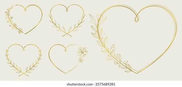 Golden Heart Design Set: Romantic Hand-Drawn Floral Frames, Rustic Wreaths, and Metal Heart Symbols. Vector Illustrations for Valentine’s Day, Wedding Cards, Invitations, and Love