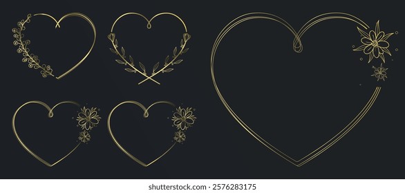 Golden Heart Design Set: Romantic Hand-Drawn Floral Frames, Rustic Wreaths, and Metal Heart Symbols. Vector Illustrations for Valentine’s Day, Wedding Cards, Invitations, and Love
