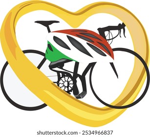 Coração de ouro abraçando uma bicicleta de corrida e um capacete, simbolizando o amor pelo ciclismo e a paixão por este esporte