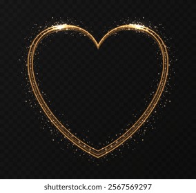 Golden heart with flashes highlighted on transparent background. Glowing heart for holiday cards, banners, Valentine's Day. Neon glowing heart shape.