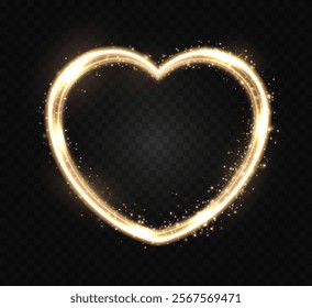 Golden heart with flashes highlighted on transparent background. Glowing heart for holiday cards, banners, Valentine's Day. Neon glowing heart shape.