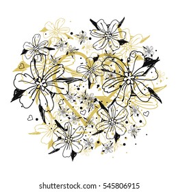 Golden Heart and floral splash of tulips. Vector illustration.