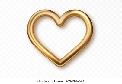 Golden heart frame. Elegant metallic outline in heart shape. Romantic decorative border for invitations, cards or branding. 3D vector isolated illustration.