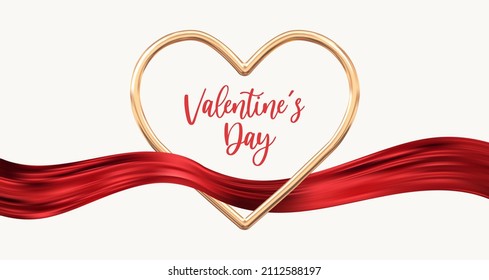 Golden heart frame with elegant red ribbon. Romantic and love background. Valentine's Day Holiday theme. Vector illustration.